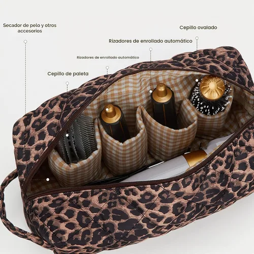Vista 5 de Bolsa de viaje con asa acolchada con estampado de leopardo compatible con Dyson Airwrap, estuche de viaje para organizador Shark Flexstyle