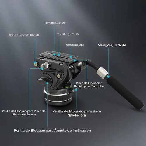 Vista 7 de SmallRig DH10 - Cabezal de video fluido para trípode de servicio pesado con base plana y mango ajustable, placa de liberación rápida para placa