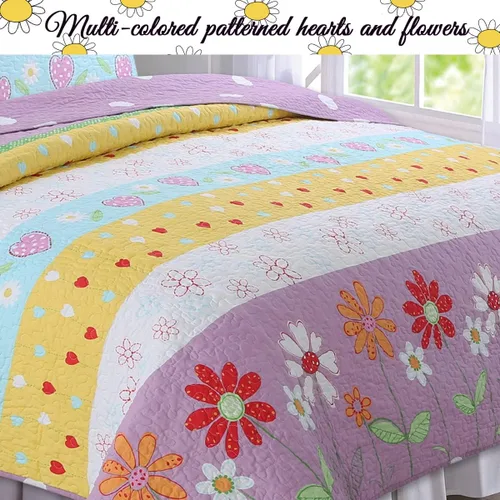 Vista 5 de Cozy Line Home Fashions Playful Girl Fun Heart Floral Kids Juego de ropa de cama de 2 piezas multicolor morado, rosa, amarillo, azul, poliéster a