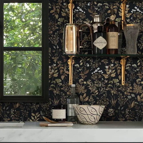 Vista 3 de Dimoon Papel Tapiz de 78.7"x17.3" para Despegar y Pegar Papel de Contacto Negro/Dorado Floral Papel Tapiz Floral Oscuro Papel de Pared Removible