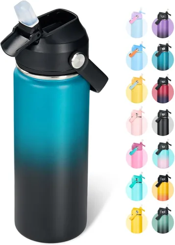 Vista 28 de Fijinhom Botella de agua aislada de acero inoxidable de 18 oz, de boca ancha, de doble pared, con vacío, con pajita de silicona, a prueba de sudor