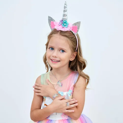 Vista 3 de Vestido de princesa unicornio, para niñas pequeñas, disfraz, joyas y diadema