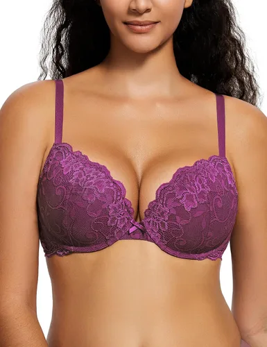 Vista 29 de Deyllo - Brasier de encaje para mujer con efecto de realce de busto, cómodo, con relleno, aros, levanta y añade una copa a tu busto Ámbar dorado