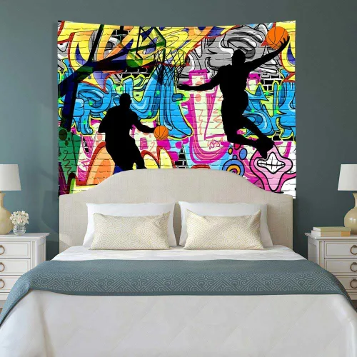 Vista 4 de Ine Ive Tapiz deportivo de baloncesto con graffiti nostálgico, póster de pared de arte callejero de 40 x 30 pulgadas para niños, silueta de tiro