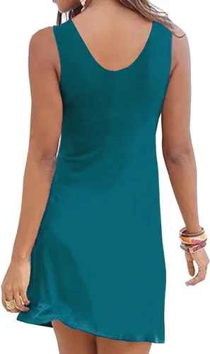 Vista 4 de Vestido casual de verano para mujer, con cuello en V profundo, para playa, estilo imperio, con vuelo, sin mangas, nudo frontal