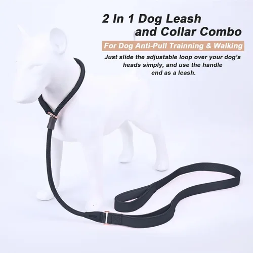 Vista 2 de Correa antideslizante para perro, correa de entrenamiento para perros con doble asa, correa antideslizante de cuero suave y collar, correa de nailon