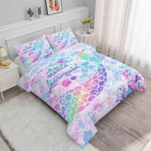Vista 2 de Juego de ropa de cama Datura Home con edredón estampado de cola de sirena arcoíris, con 1 edredón y 2 fundas de almohada para dormitorio de niñas
