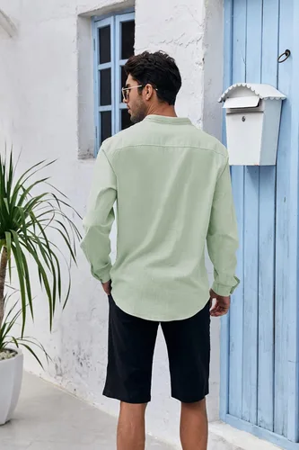 Vista 5 de Camisas de lino para hombre de manga larga estilo casual con botones de algodón ligeras para playa verano