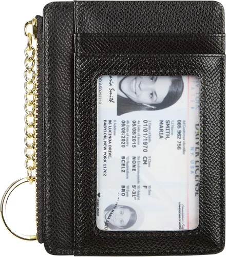 Vista 13 de Tarjetero delgado minimalista para mujer, monedero, monedero, llavero con bolsillo frontal con ventana de identificación