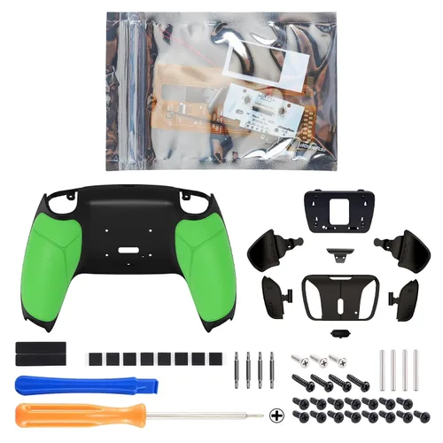 Vista 3 de eXtremeRate Black Real Metal Buttons (RMB) Version RISE4 Remap Kit for PS5 Controller BDM-030 with Green Rubberized Grip Redesigned Black Back