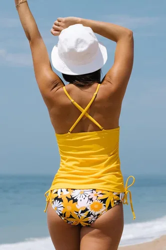 Vista 5 de Beachsissi Traje de baño de dos piezas con control de abdomen para mujer, con cordón lateral, estampado de flores
