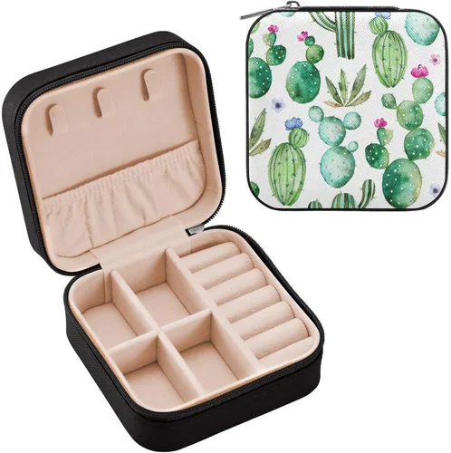 Vista 2 de MEAMOTAN Joyero pequeño con diseño de cactus de acuarela, mini joyero de viaje, organizador de joyas portátil, soporte de almacenamiento