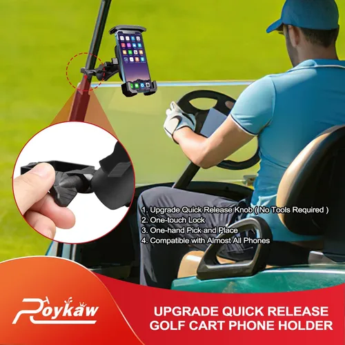 Vista 2 de Roykaw Soporte de teléfono para carrito de golf compatible con EZGO/Club Car/Yamaha, actualización de liberación rápida y bloqueo de un solo toque