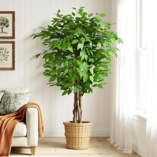 Vista 13 de Árboles artificiales de ficus de 3 pies con troncos naturales curvados, árbol exuberante de 36" de altura, árbol falso de ficus realista en verde