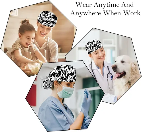 Vista 6 de FFLOWER 2 gorras de trabajo para mujer con botón, lindo bulldog francés largo, con cinta, con cordones, Negro