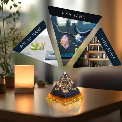 Vista 3 de FENGSHUI-CAISHEN Estatua de Little Buddha en pirámide de organita de cristal curativo, piedra arenisca azul con figura de Buda bebé, decoración