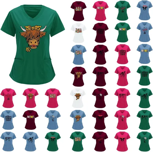 Vista 2 de Blusa de uniforme de trabajo con cuello en V para mujer, cómoda, estampado de vaca, de las tierras altas, manga corta, con bolsillo
