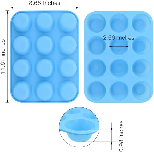 Vista 2 de homEdge Molde de silicona para magdalenas de 12 tazas, paquete de 2 moldes antiadherentes para magdalenas, tartas, bocados de huevo, color azul