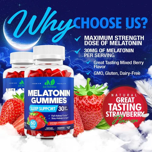 Vista 2 de Gomitas de melatonina de 30 mg para adultos (60 porciones) – Apoyo para dormir de máxima fuerza con 30 mg de melatonina por gomita – Sin gluten, sin