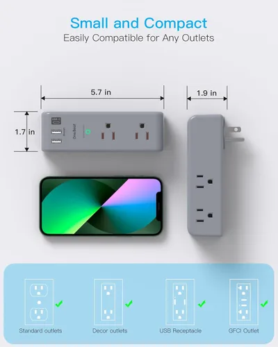Vista 12 de Extensor de salida protector de sobretensiones, con enchufe giratorio, 6 tomas de corriente alterna con 3 puertos USB (1 USB C), 1800 julios