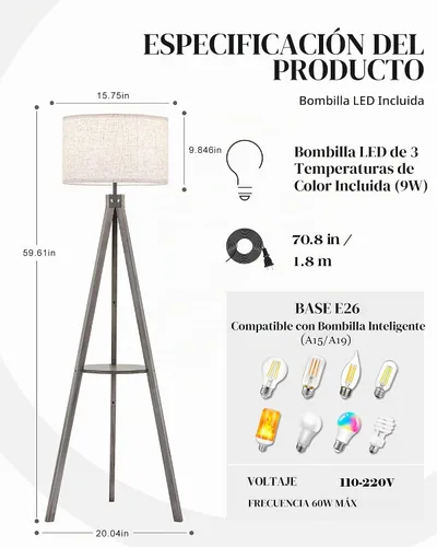 Vista 5 de ELYONA Lámpara de pie con trípode de madera estilo granja con mesa, lámpara de pie de lectura moderna con 3 temperaturas de color, bombilla LED