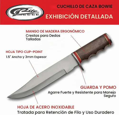 Vista 2 de SZCO - Cuchillo de caza de espiga completa de 12 pulgadas, cuchillos de bolsillo con hoja de acero inoxidable, mango de madera y funda de cuero