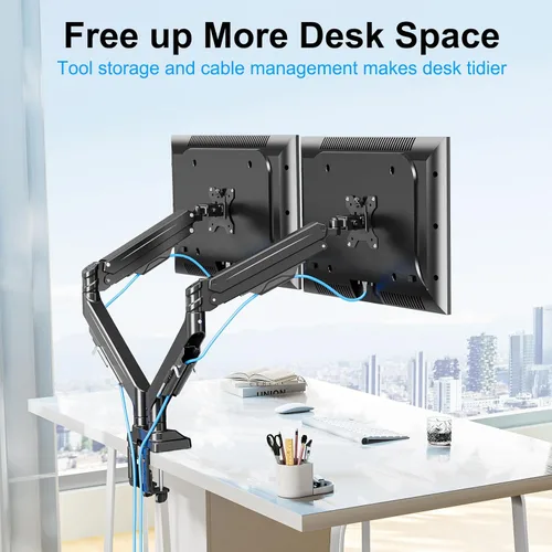 Vista 5 de Soporte de monitor doble para pantallas de hasta 43 pulgadas, brazo de monitor dual ultra ancho resistente con capacidad para 2.2-33 libras cada