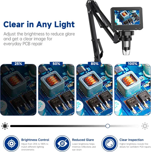 Vista 7 de 4.3 Inch Digital Soldering Microscope with C-Clamp For PCB repair and soldering checks; compact clamp setup keeps both hands free, and the screen