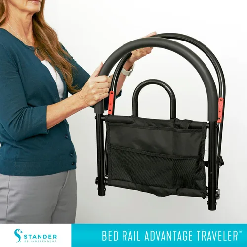 Vista 6 de Stander Riel de cama Advantage Traveler, barandilla plegable bariátrica con bolsa para adultos, personas mayores y ancianos, barandilla de seguridad