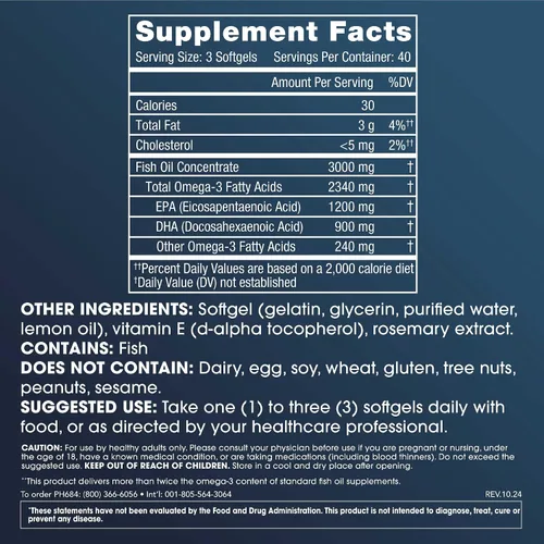 Vista 2 de ProHealth Suplementos de aceite de pescado omega-3 para mujeres y hombres, 120 cápsulas blandas, 1200 mg de EPA, 900 mg de DHA y otros ácidos