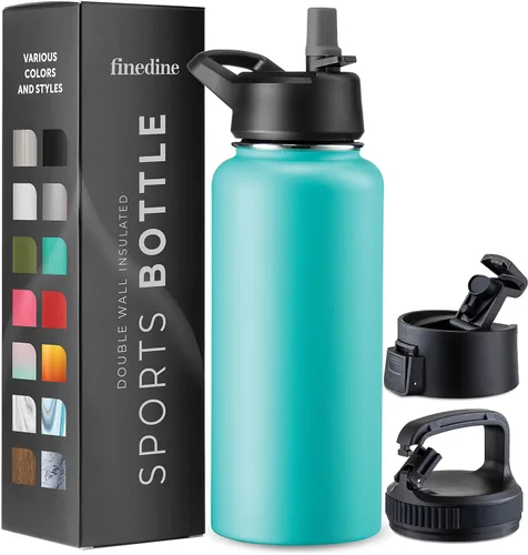 Vista 35 de FineDine Botellas de agua aisladas de triple pared con popote, botella de metal de acero inoxidable de 25 onzas con 3 tapas a prueba de fugas