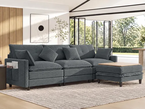 Vista 26 de Sofá de nube en forma de L de 73.5 pulgadas, sofá modular con mesa auxiliar otomana, sofá biplaza de pana con almohada, cómodo y moderno sofá