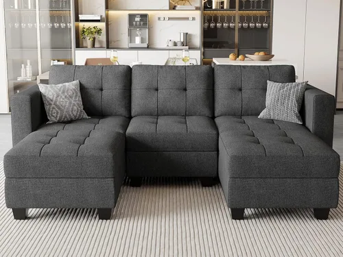 Vista 15 de Belffin Sofá modular modular con otomana de almacenamiento, sofá moderno en forma de L de tela con diván para espacios pequeños, azul