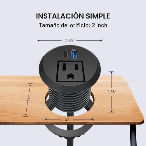 Vista 3 de Ojal de alimentación empotrable de carga rápida USB-C de 20 W, toma de escritorio de montaje empotrado de 2 pulgadas con cable de extensión de 6.5