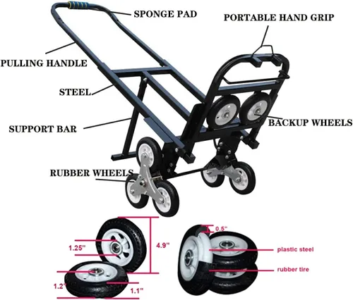 Vista 2 de INTBUYING Camión de mano escalador de escaleras, acero al carbono, capacidad de 420 libras, carretilla de mano plegable, 6 ruedas y 2 respaldos