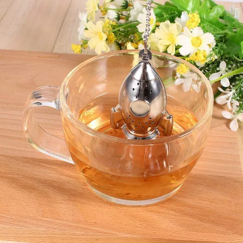 Vista 2 de Colador de té de acero inoxidable en forma de cohete Infusor de té suelto Difusor de intervalo de té con gancho de cadena extendido y bandeja