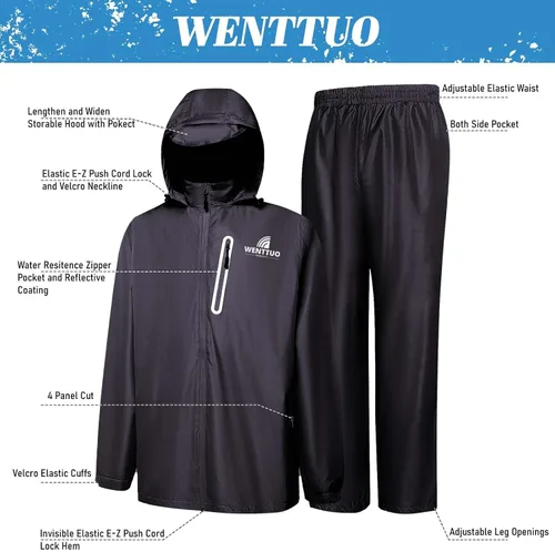 Vista 3 de Men's 2pc Rain Jacket Adjustable Watertight Rain Suit Lightweight Breathable Outdoor Raincoats