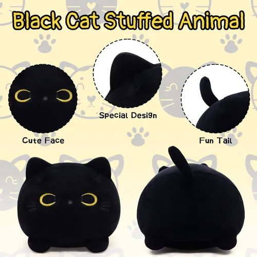 Vista 4 de Almohada de felpa de gato negro, animales de peluche Kawaii de gato negro, linda almohada de gato negro, juguetes de peluche para niños, cumpleaños