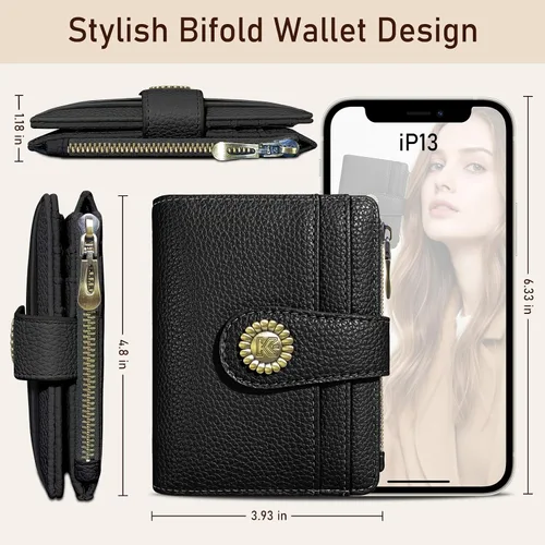 Vista 5 de Kelvoris Cartera pequeña Rfid para mujer, plegable, con cremallera, bolsillo para monedas, piel sintética, compacto, para tarjetas de crédito