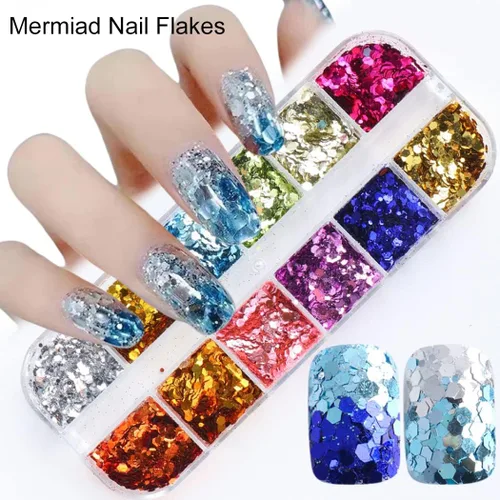Vista 4 de 2 cajas de 24 colores camaleón holográfico con purpurina de sirena, arte de uñas, lentejuelas, copos 3D, degradado láser, diseño de purpurina