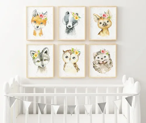 Vista 4 de Juego de 6 piezas de arte para pared de guardería de animales del bosque, impresiones de animales de bosque en acuarela, decoración de guardería