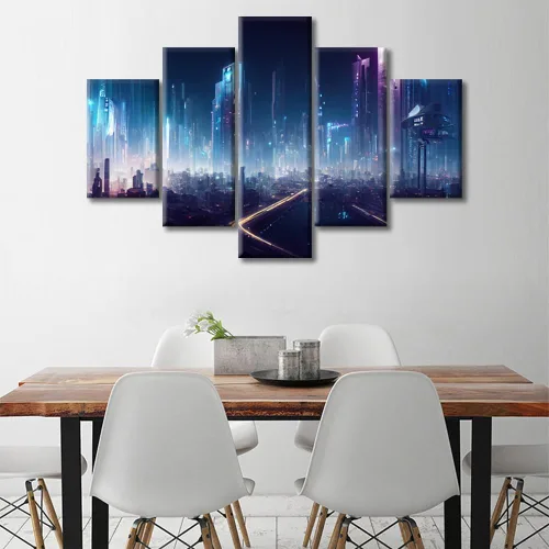 Vista 160 de Cuadros de 5 paneles de Cyberpunk City, arte de pared, representación de vallas publicitarias, edificios modernos en la capital con obras de arte
