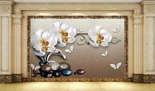 Vista 4 de Murwall 3D Floral Wallpaper White Orchid Wall Mural 3D Pebble Wall Print White Butterfly Wall Art Classical Home Decor