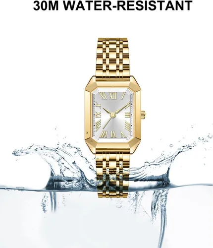 Vista 5 de Relojes para mujer, caja rectangular vintage, banda de acero inoxidable, reloj de pulsera para mujer, números romanos simples, resistente al agua