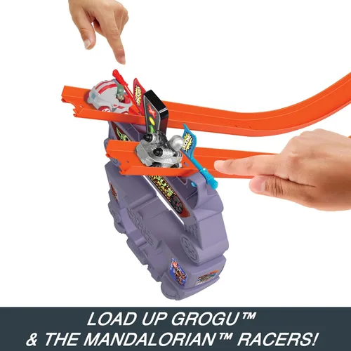 Vista 3 de Hot Wheels Star Wars RacerVerse - Juego de pistas de autos de juguete y 2 corredores fundidos a presión, Grogu's Great Race, U44Inspirado en Star