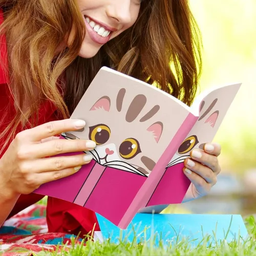 Vista 2 de AFPANQZ Linda funda de libro para mujer, diseño de caricaturas, diseño de gato, reutilizable, protector de tapa dura, funda elástica de tela