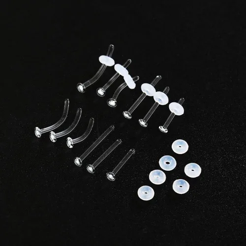 Vista 5 de 12pcs Glass Piercing Retainers Set for Work/Surgery/Sports, 18g 16g 14g Curved Clear Nose Studs for Cartilage Tragus Conch Daith Helix Lip Nose