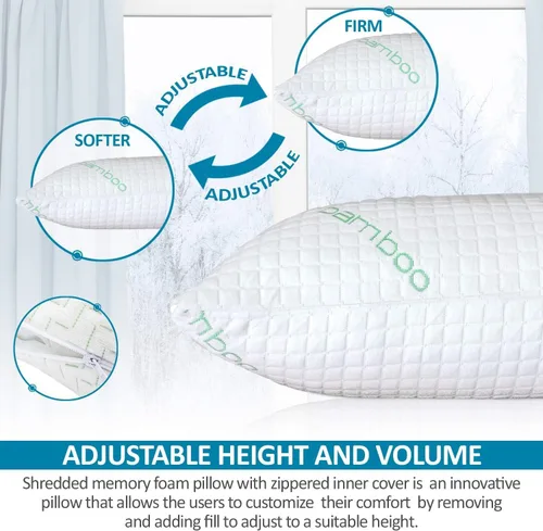 Vista 3 de Rayón de tamaño Queen derivado de almohadas de bambú, juego de almohadas de espuma viscoelástica triturada refrescante para dormir de espalda