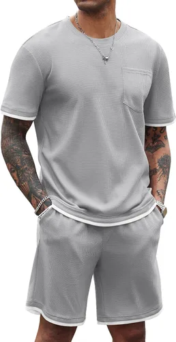 Vista 19 de COOFANDY Conjunto de camisa y pantalones cortos de gofre para hombre, conjunto de 2 piezas, conjunto casual de verano con bolsillos
