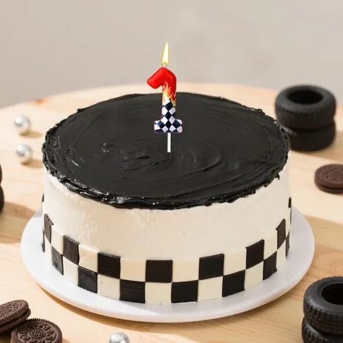 Vista 7 de Vela temática del cumpleaños de los coches de carreras, vela blanca y negra del número a cuadros